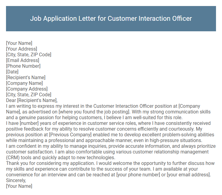 Job Application Letter for Customer Interaction Officer