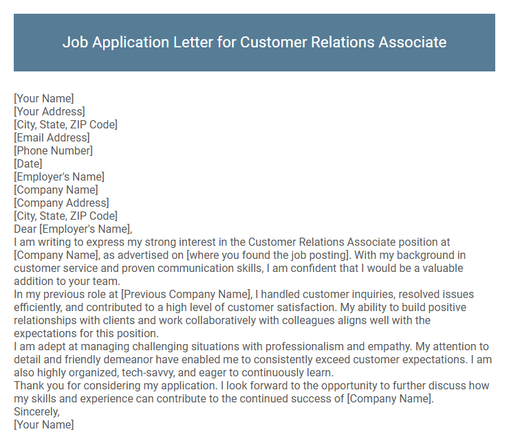 Job Application Letter for Customer Relations Associate