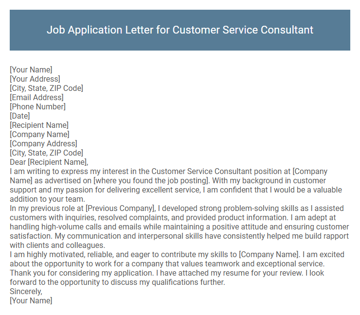 Job Application Letter for Customer Service Consultant