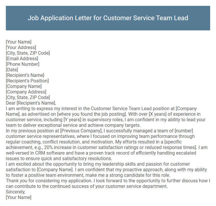 Job Application Letter for Customer Service Team Lead