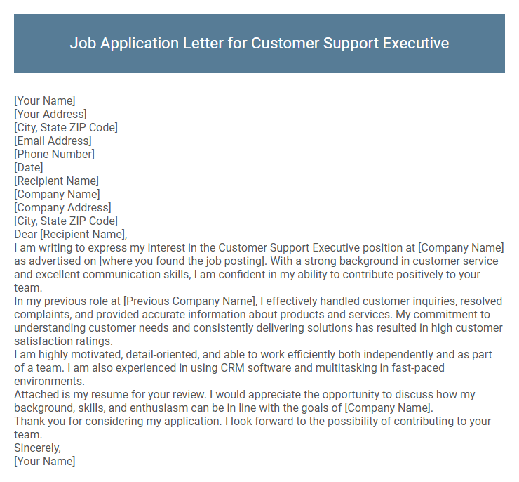 Job Application Letter for Customer Support Executive