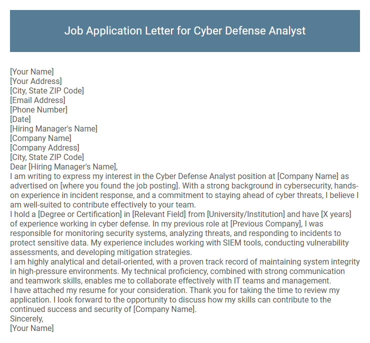 Job Application Letter for Cyber Defense Analyst