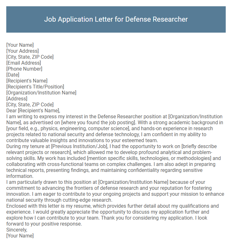 Job Application Letter for Defense Researcher
