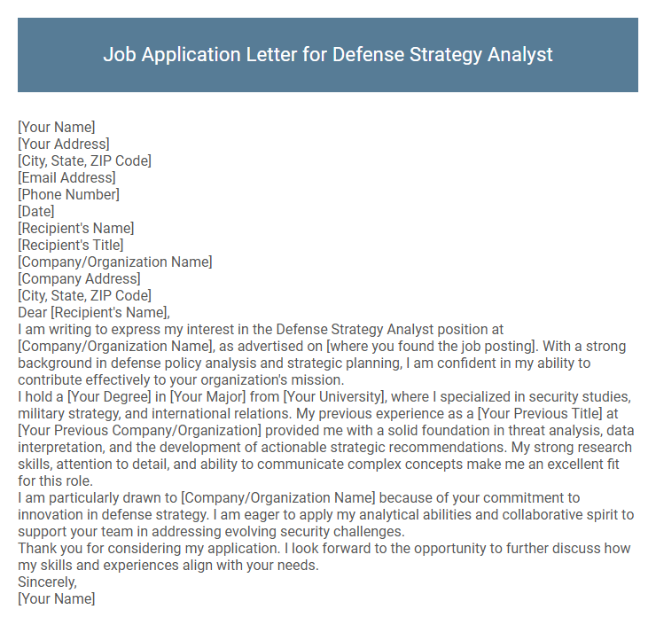 Job Application Letter for Defense Strategy Analyst