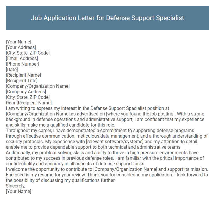 Job Application Letter for Defense Support Specialist