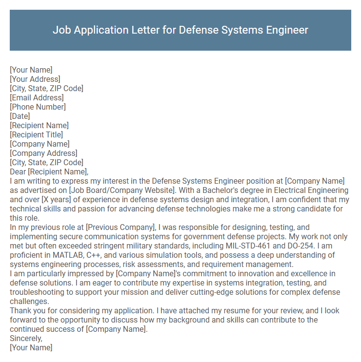 Job Application Letter for Defense Systems Engineer