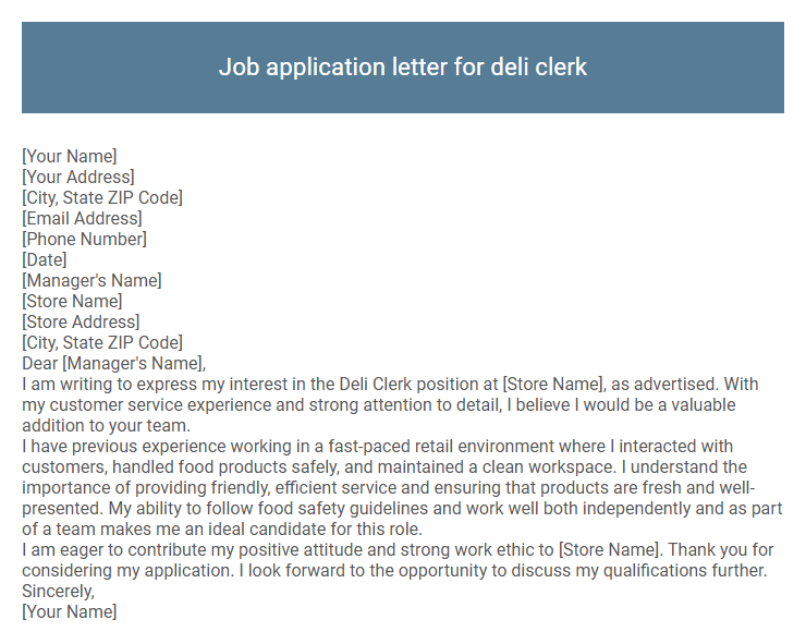 Job application letter for deli clerk