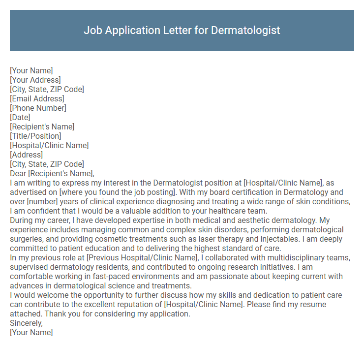 Job Application Letter for Dermatologist