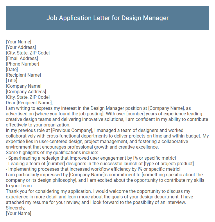Job Application Letter for Design Manager
