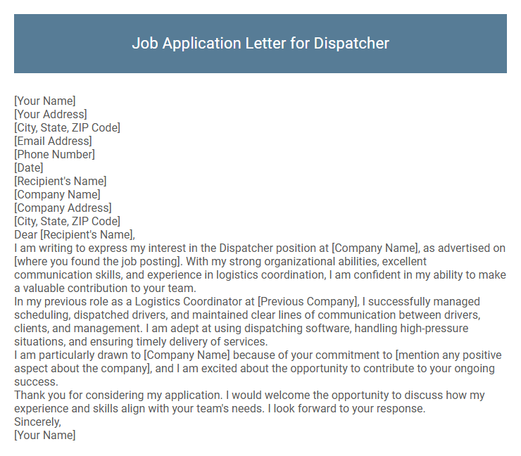 Job Application Letter for Dispatcher