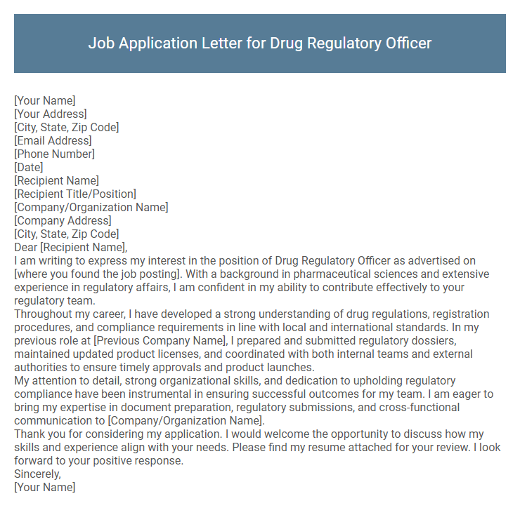 Job Application Letter for Drug Regulatory Officer