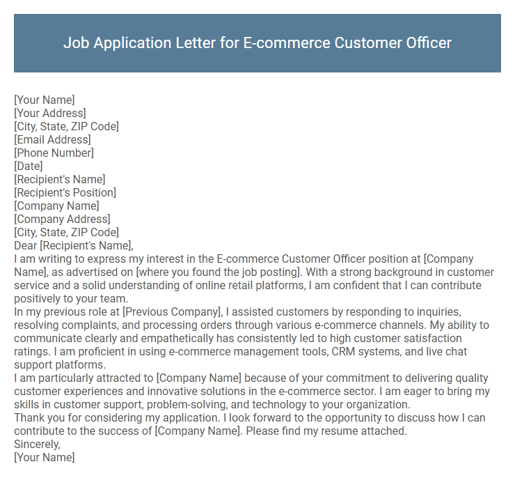 Job Application Letter for E-commerce Customer Officer