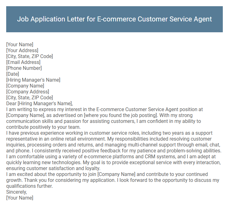 Job Application Letter for E-commerce Customer Service Agent