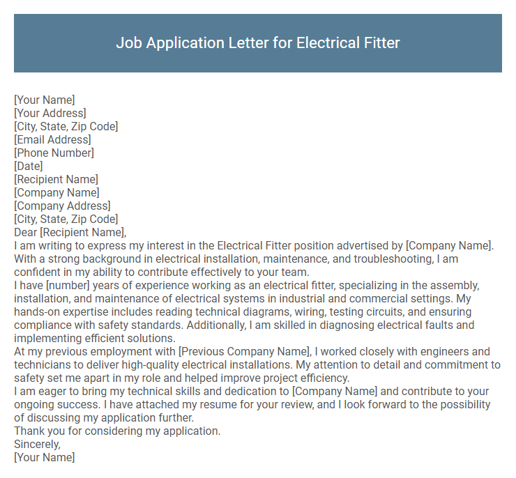 Job Application Letter for Electrical Fitter