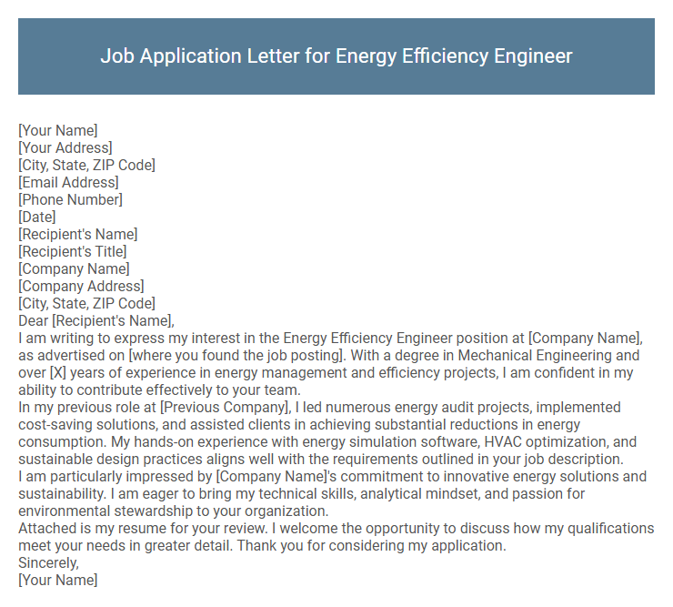 Job Application Letter for Energy Efficiency Engineer