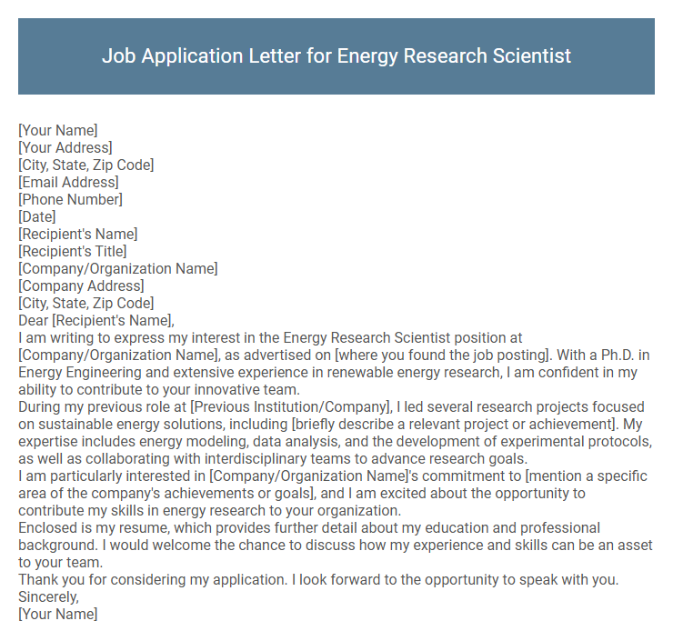 Job Application Letter for Energy Research Scientist
