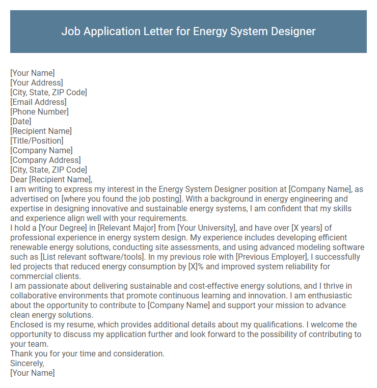 Job Application Letter for Energy System Designer