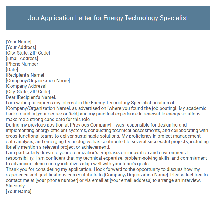 Job Application Letter for Energy Technology Specialist