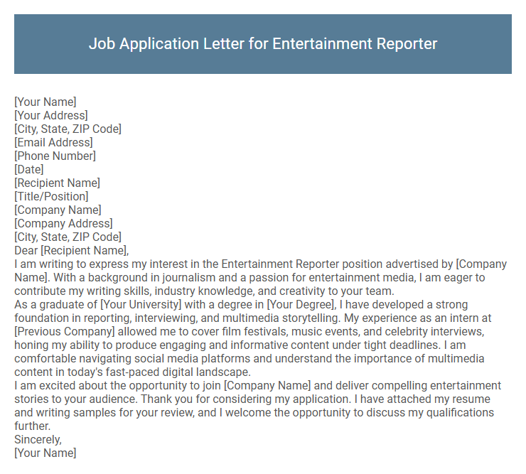Job Application Letter for Entertainment Reporter