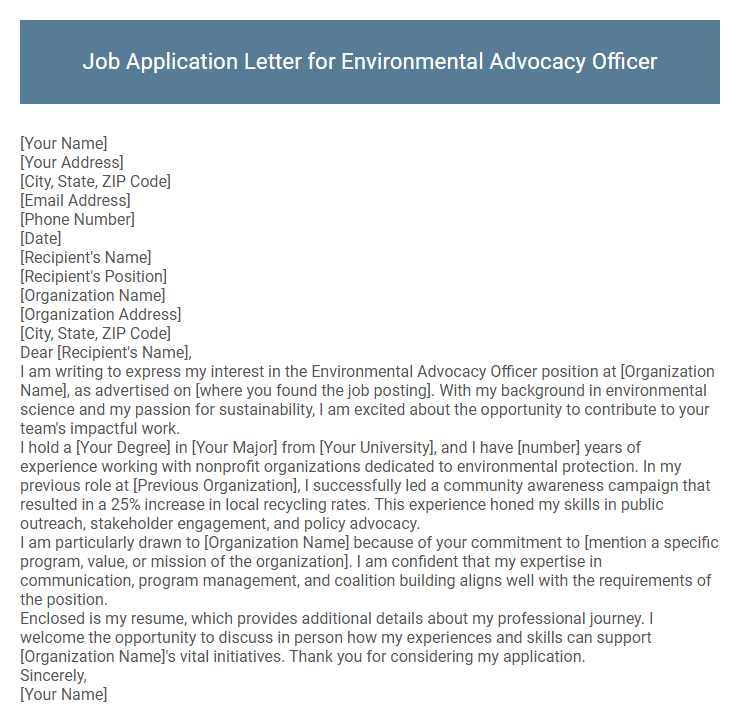Job Application Letter for Environmental Advocacy Officer