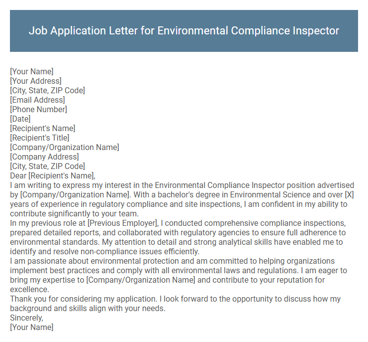 Job Application Letter for Environmental Compliance Inspector