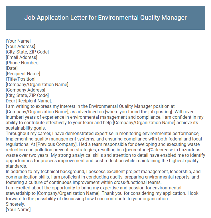 Job Application Letter for Environmental Quality Manager