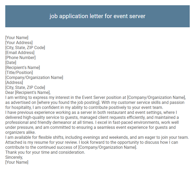 job application letter for event server