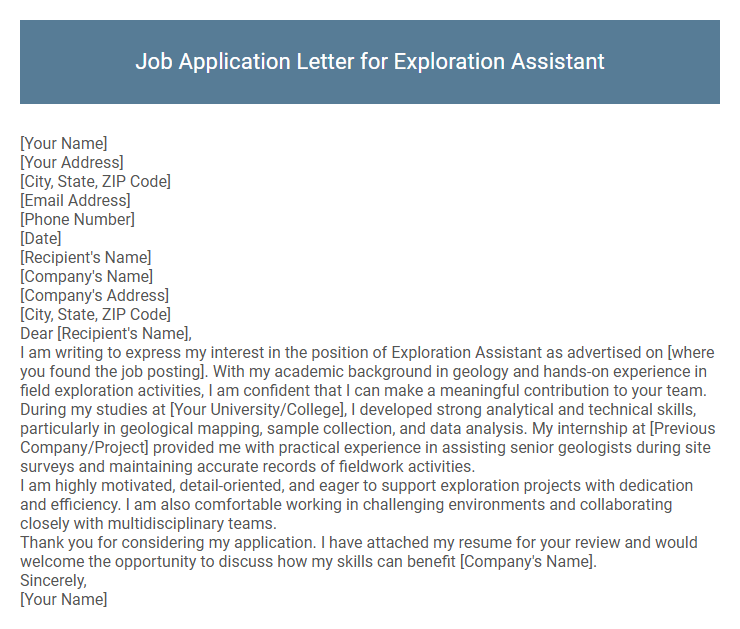 Job Application Letter for Exploration Assistant