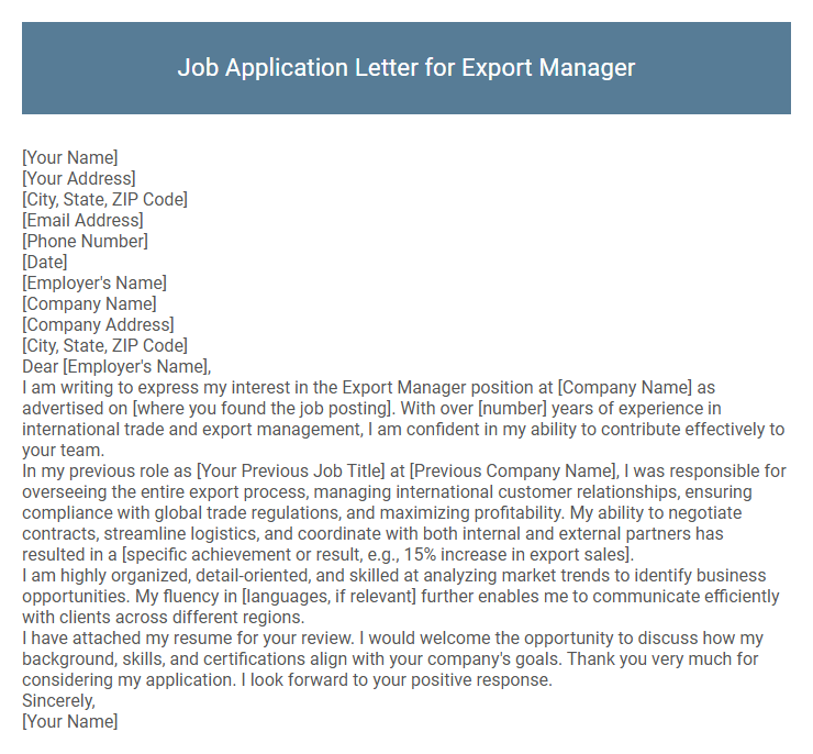 Job Application Letter for Export Manager