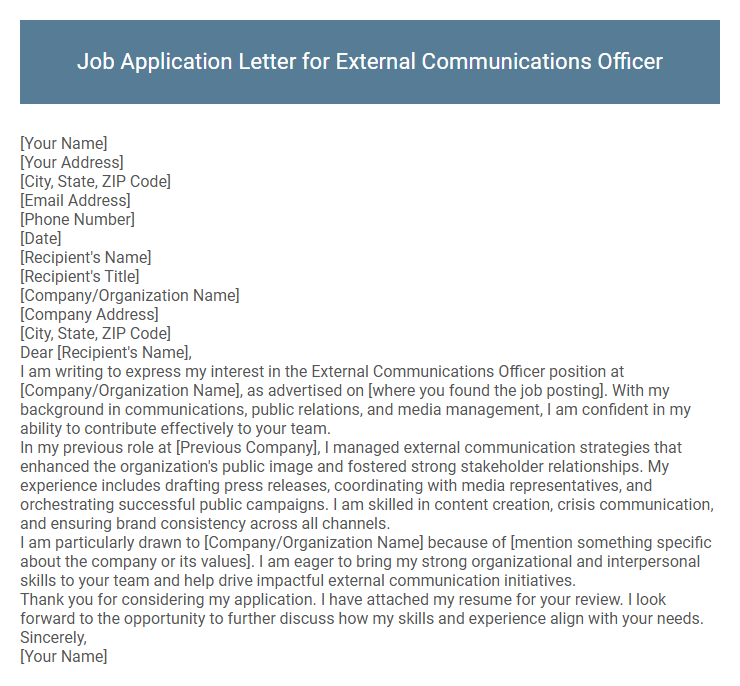 Job Application Letter for External Communications Officer