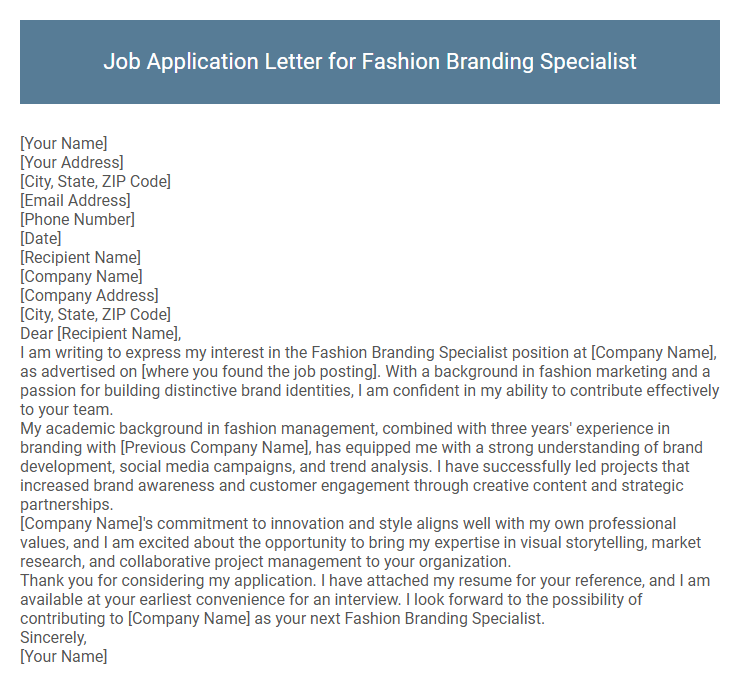 Job Application Letter for Fashion Branding Specialist
