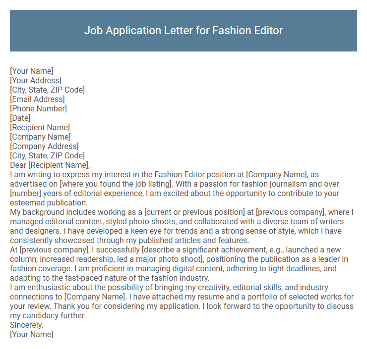 Job Application Letter for Fashion Editor