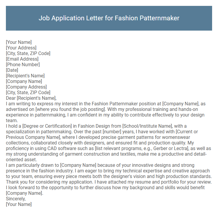 Job Application Letter for Fashion Patternmaker