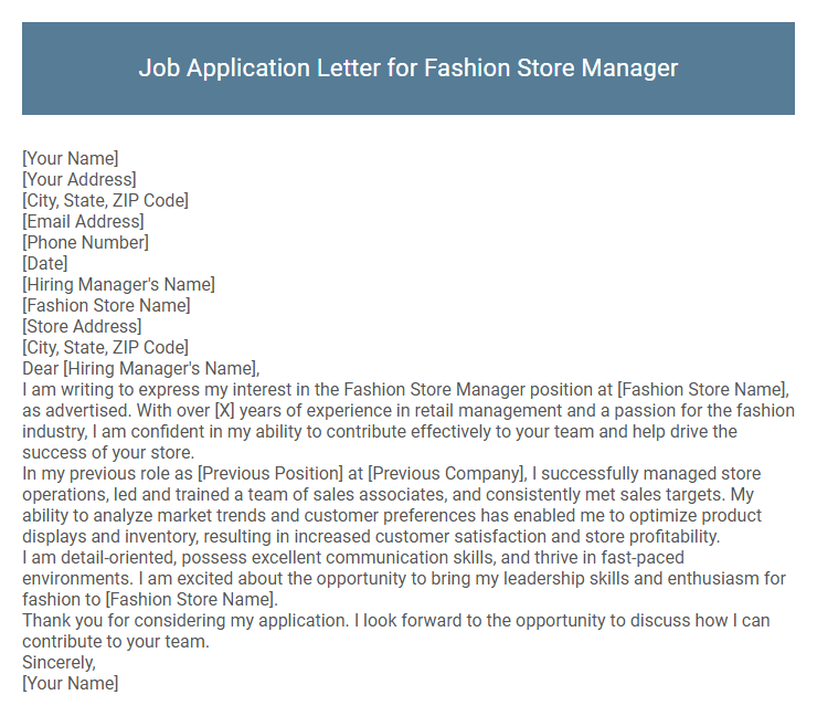 Job Application Letter for Fashion Store Manager