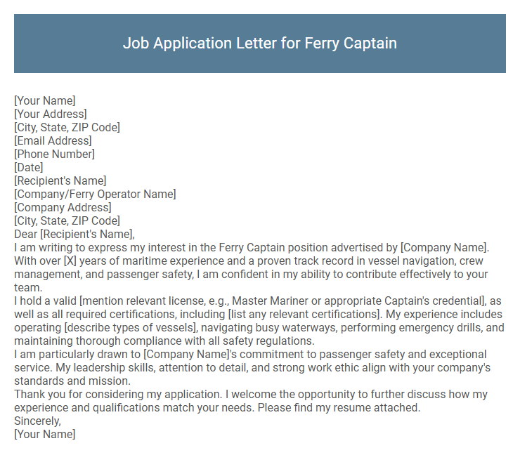 Job Application Letter for Ferry Captain