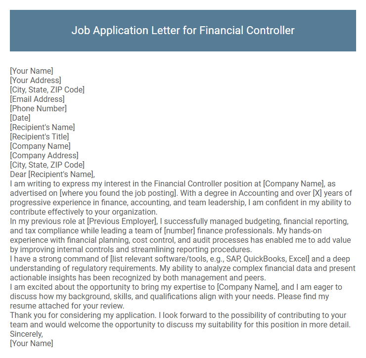 Job Application Letter for Financial Controller