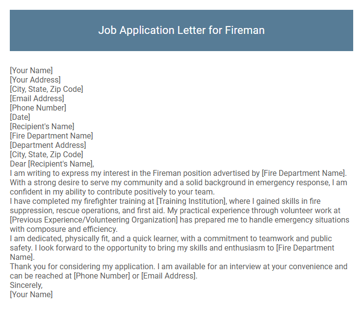 Job Application Letter for Fireman