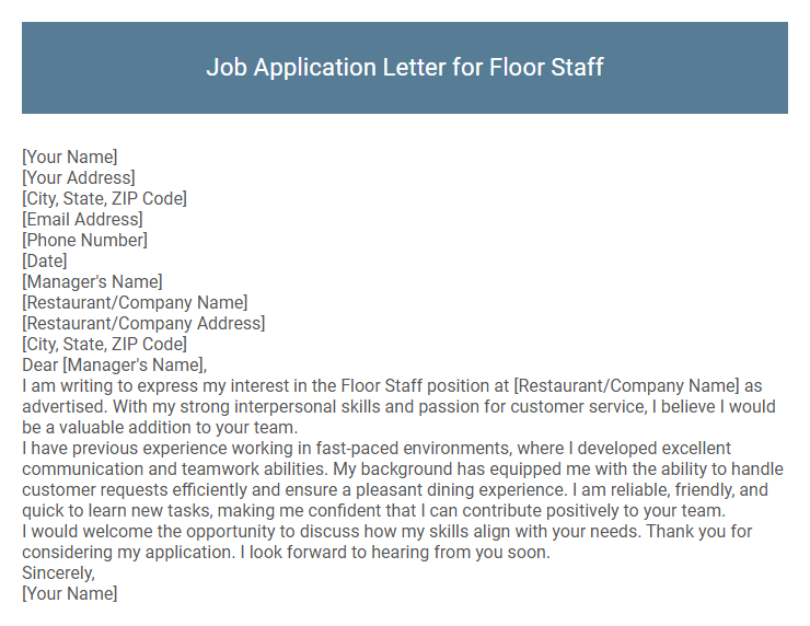 Job Application Letter for Floor Staff