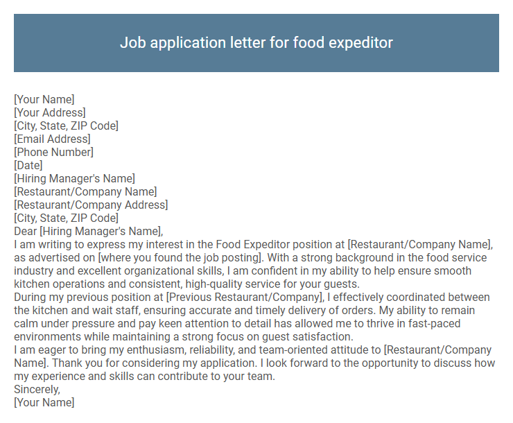 Job application letter for food expeditor
