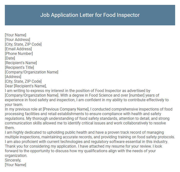 Job Application Letter for Food Inspector