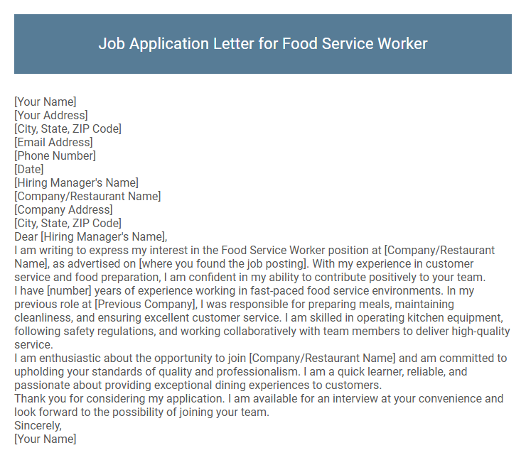 Job Application Letter for Food Service Worker