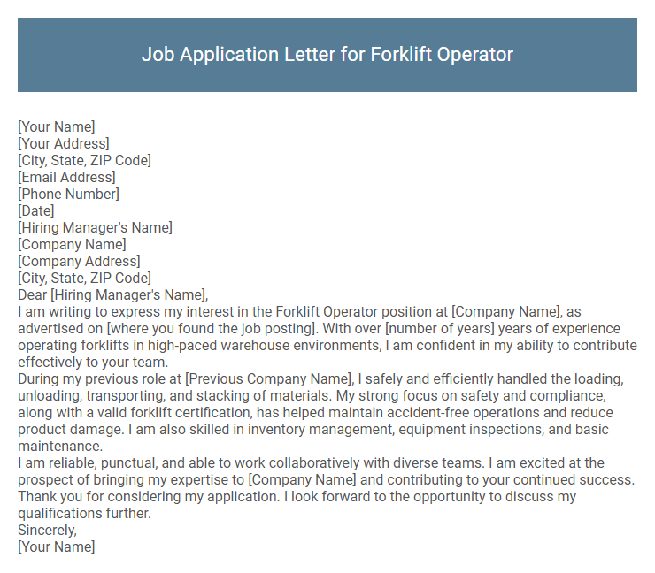 Job Application Letter for Forklift Operator