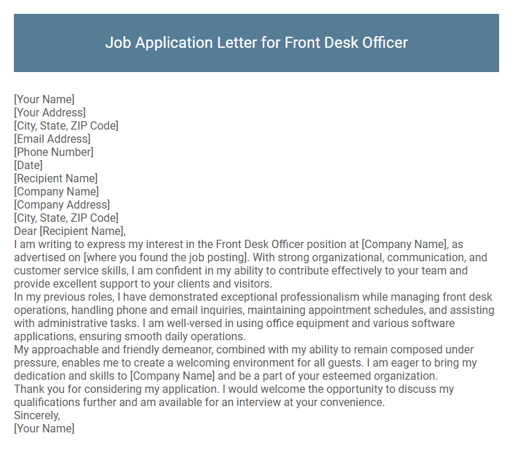 Job Application Letter for Front Desk Officer