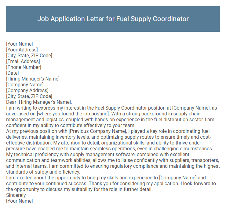 Job Application Letter for Fuel Supply Coordinator