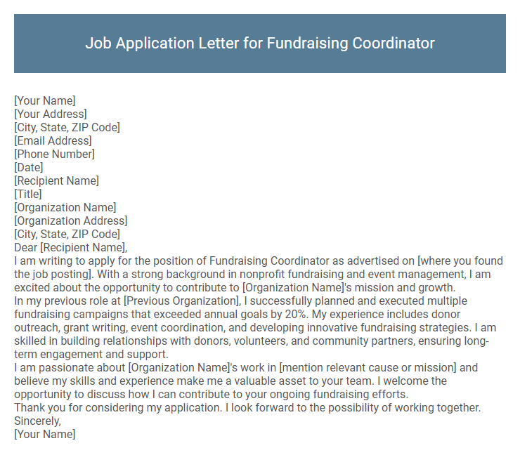 Job Application Letter for Fundraising Coordinator