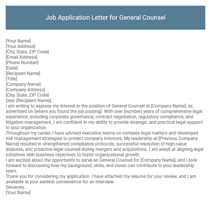 Job Application Letter for General Counsel