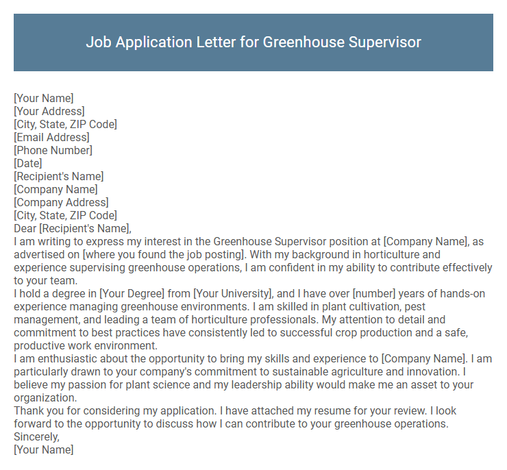 Job Application Letter for Greenhouse Supervisor