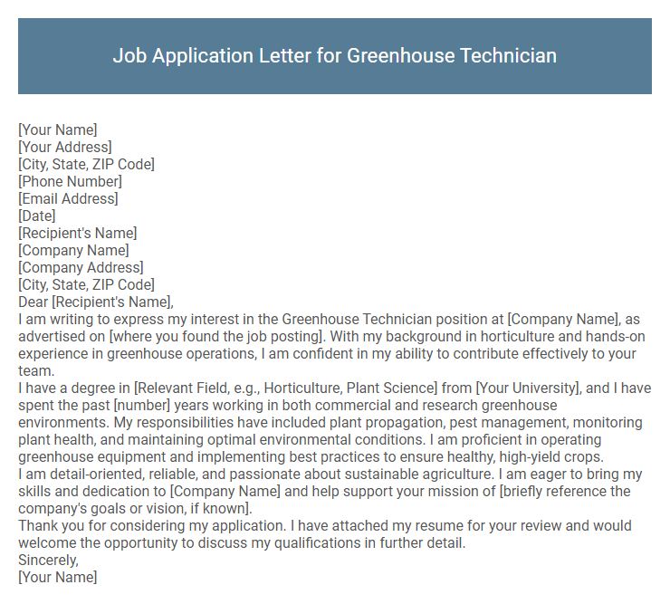 Job Application Letter for Greenhouse Technician