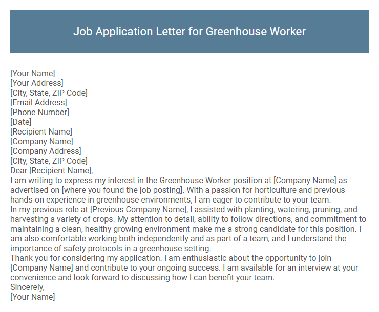Job Application Letter for Greenhouse Worker