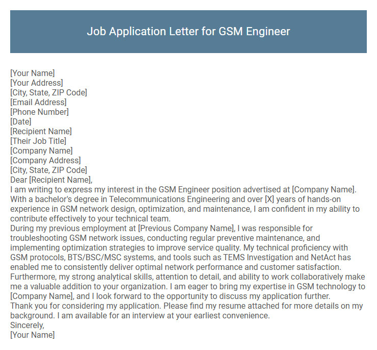 Job Application Letter for GSM Engineer